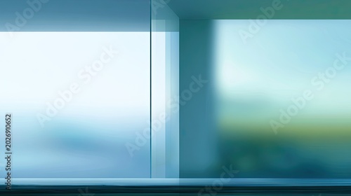 Modern glass interior with soft natural light and abstract, blurred outdoor view