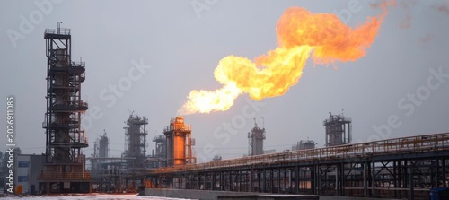 Oil refinery plant with excess gas flame. Generative AI technology.	
