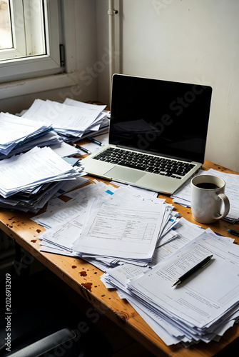 Messy desk with coffee stains, laptop, papers scattered, natural light 