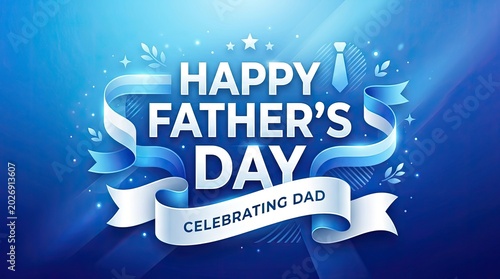 Happy fathers day graphic celebrating dad with ribbon and sparkling blue background