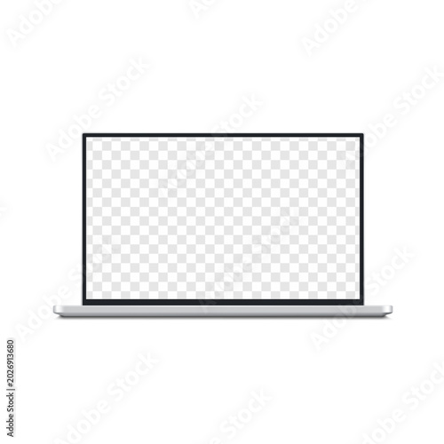Open laptop with blank empty transparent screen. Front view. Realistic 3d vector mock-up. Easy editable mockup. Template for design