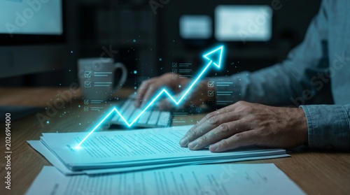 Professional analyzing business data, visualizing financial growth and upward market trend achievement