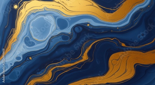 Abstract fluid art blue and gold swirling patterns