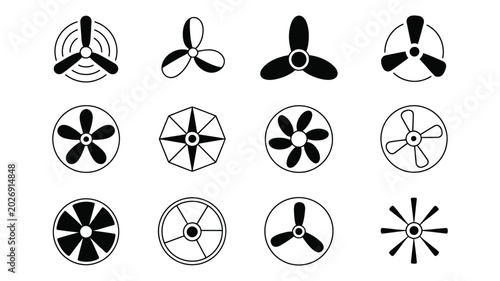 Cuadro en lienzo Fan Propeller icon set with rotating blades and circular motion lines, vector illustration for airflow, ventilation and air circulation concepts