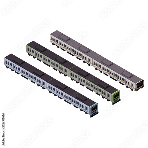 シンプルな電車のアイソメトリックイラストセット。主線のある鉄道、交通、車両素材。