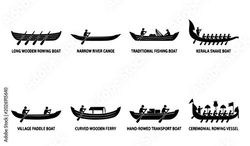 Photos Traditional Indian rowing boat silhouette vector set with wooden river and herit
