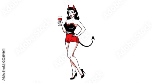 Foto Retro Devil Pin-Up Woman Holding Wine Glass, Red Shorts, Black Top, White Backgr
