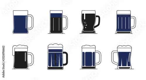 Tableau sur toile Set of dark beer mugs with foam, flat design, vector illustration