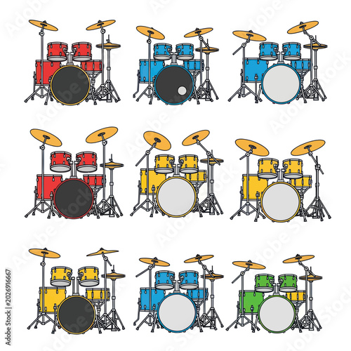 Slika na platnu Set of Drum Kits in Various Colors on White Background