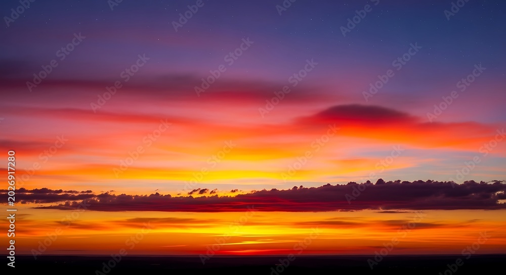 Fototapeta premium Vibrant Sunset Sky Glowing Over Dark Horizon with Colorful Clouds