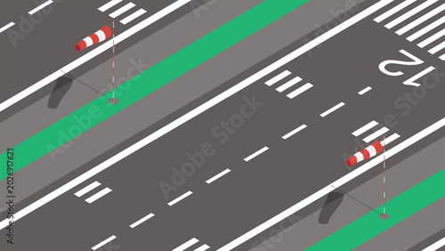 Isometric airport runway with markings and striped weather vanes indicating wind direction. 3D cartoon vector isolated on white background
