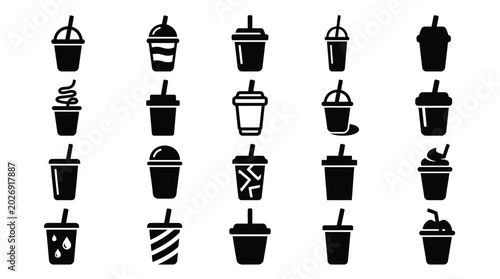 Black Coffee Cup Icons with Straws on White Background