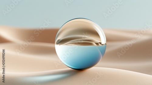 Eine transparente Glaskugel liegt auf weichen, beige-farbenen Sanddünen vor hellem Hintergrund.