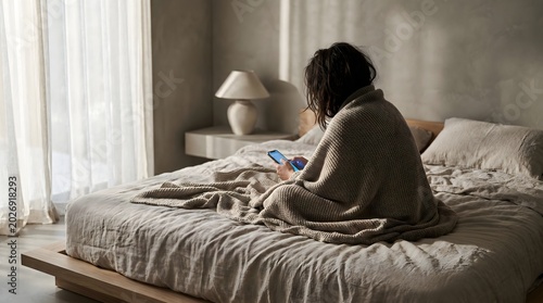 Lonely woman staring at blank phone screen in bright apartment bedroom feeling sad anxious and emotionally numb