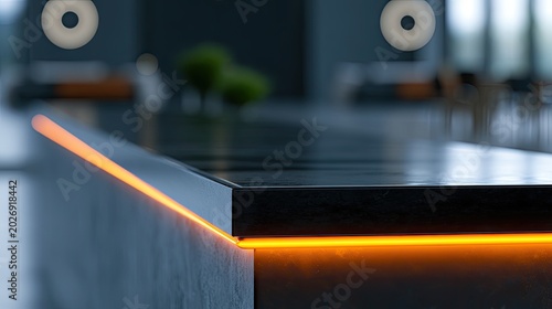 Close-up of a dark countertop with embedded orange lighting