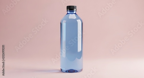 Clear plastic water bottle with black cap standing centered against a solid pastel pink background