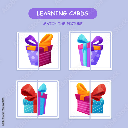 Learning cards matching game with colorful gift boxes. Printable educational worksheet for preschool and kindergarten children to develop logic, attention and visual matching skills