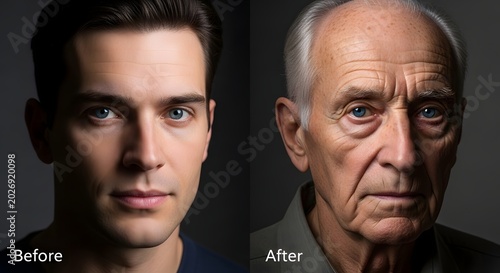 A striking visual comparison showcasing the aging process of a man from youthful to elderly appearance