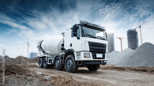White concrete mixer truck stands on a dirt construction site with skyscrapers in the background.
