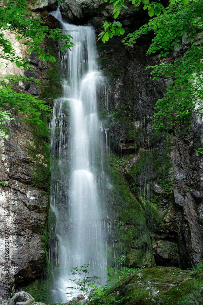Obraz premium Beautiful Maewoldae Waterfall surrounded by lush green mossy rocks in Cheorwon, South Korea, scenic long exposure landscape.