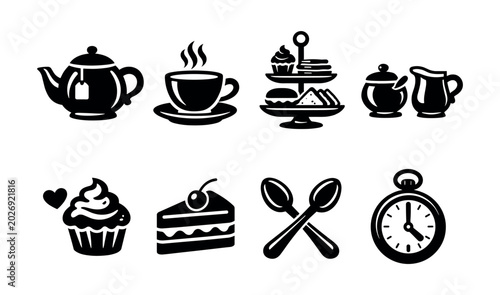 Obraz na płótnie Collection of black icons representing tea time and sweet treats