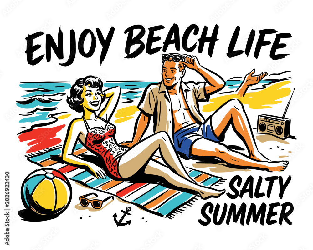 Obraz premium Enjoy beach life. Salty summer vintage print design for t shirt. Beach club endless summer artwork tropical vintage design