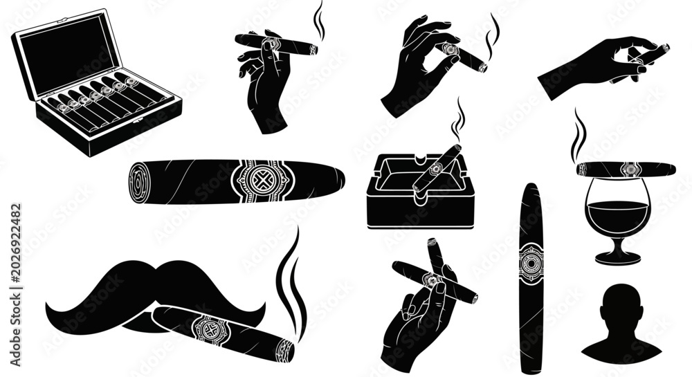Obraz premium Cigar, smoking, icons, 10 black silhouette graphics, vector illustrations, luxury lifestyle symbols, cigar accessories, smoking tools