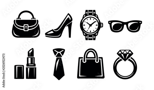 Bild auf Leinwand Collection of fashion accessories icons including handbag, shoe, watch, glasses,
