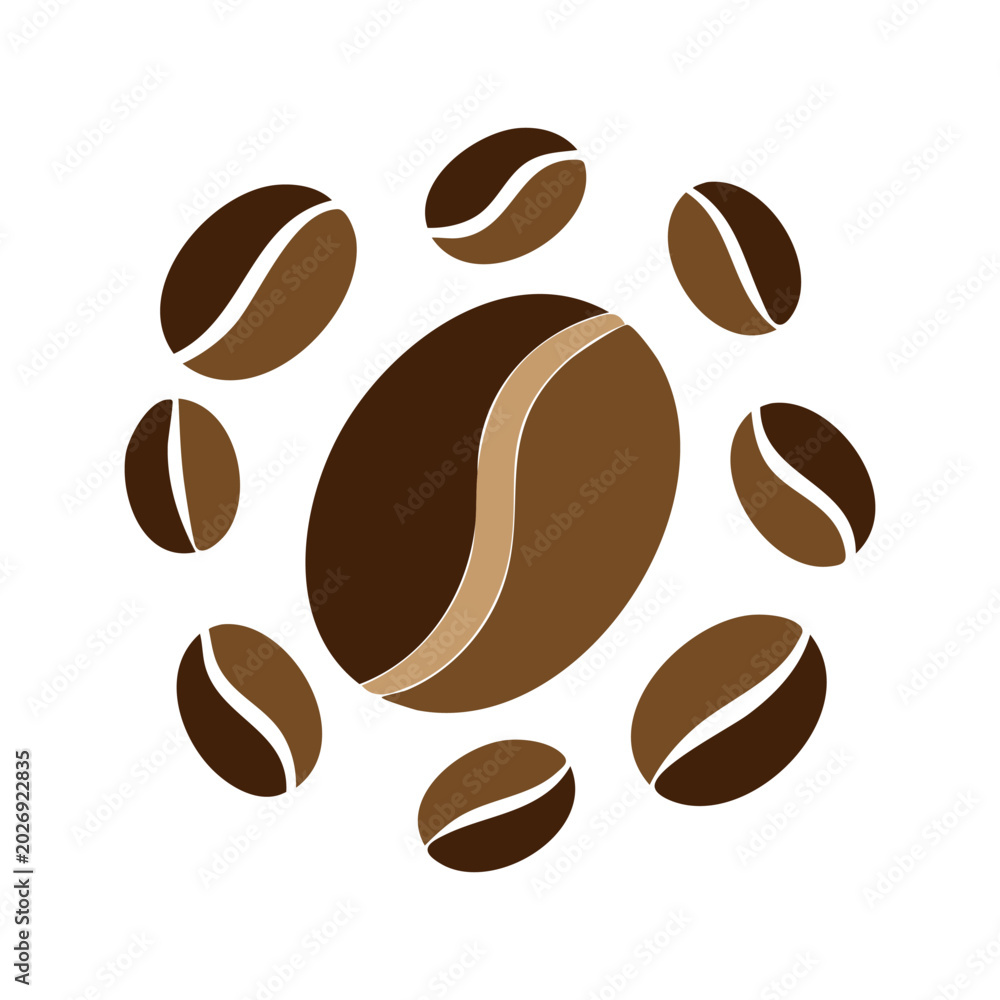 Obraz premium Artistic arrangement of coffee beans around a central, larger bean, symbolizing a coffee brand or product