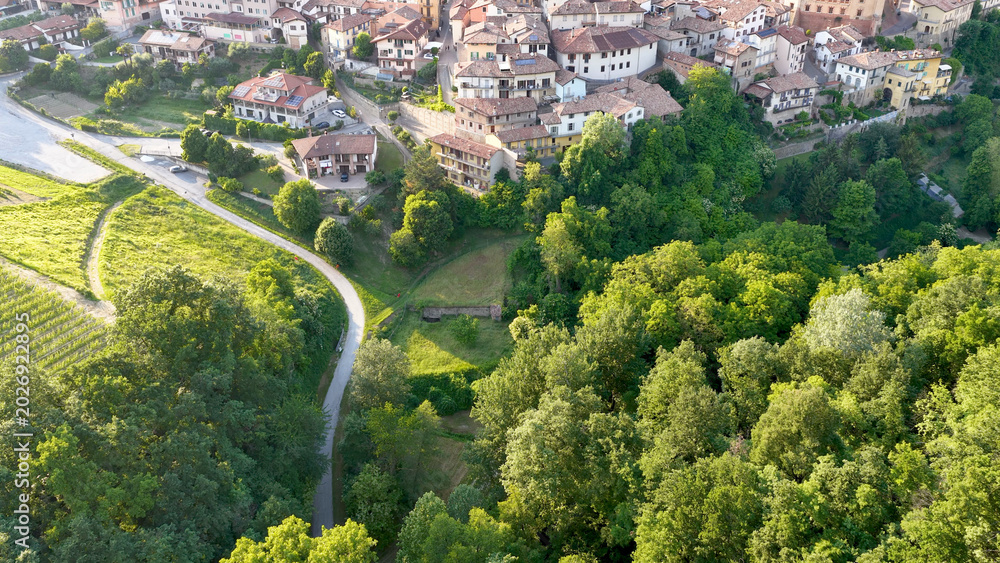 Fototapeta premium Aerial View of Barolo Village and Lush Green Forest in Piedmont Italy