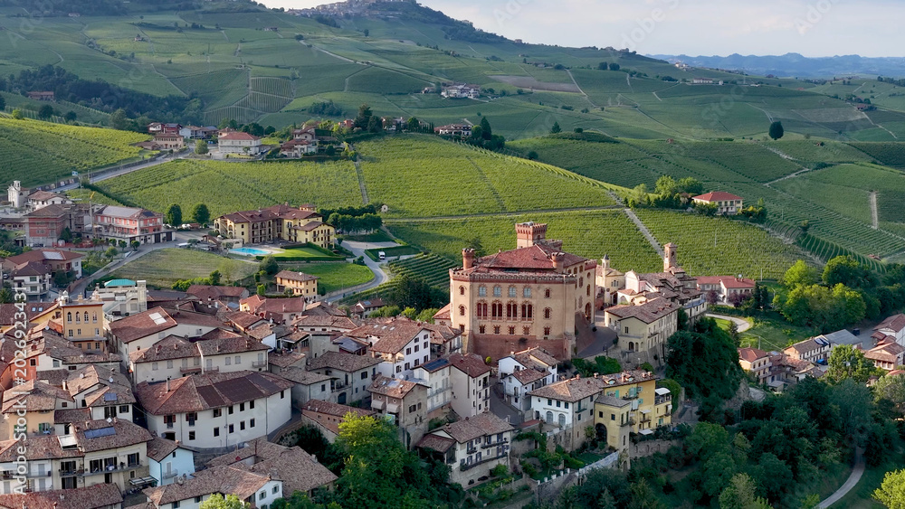 Obraz premium Aerial View of Barolo Village and Vineyards in Piedmont Italy