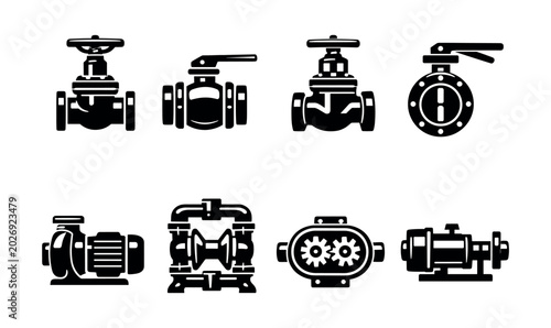 Tableau sur toile Industrial valve and pump icons in black silhouette design for engineering