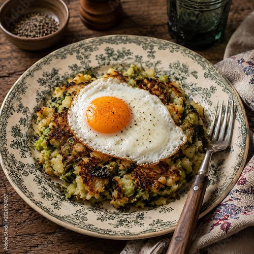 Bubble and squeak with fried egg on vintage plate, rustic food styling
