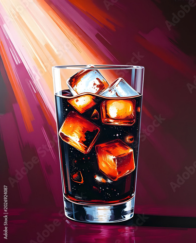 dark sparkling soda with melting ice cubes