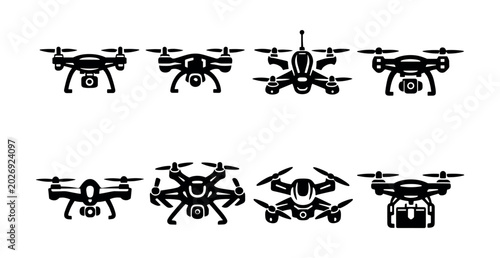 Photography Collection of eight distinct drone icons with cameras and propellers
