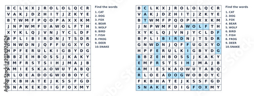 Obraz na płótnie Word seek puzzle sheet with highlighted solutions in grid format