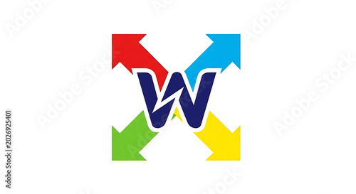 Vibrant of a stylized upward trending arrow composed of geometric shapes in red, blue, green, yellow, and purple
