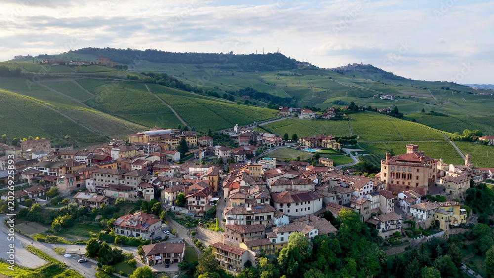 Fototapeta premium Aerial View of Barolo Village and Vineyards in Piedmont Italy