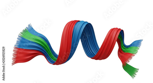 Vibrant, multicolored, wavy ribbon-like shape with gradient colors and feathery ends