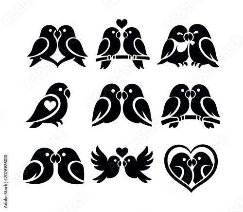 Fotografie Collection of stylized lovebirds in various romantic poses and heart shapes
