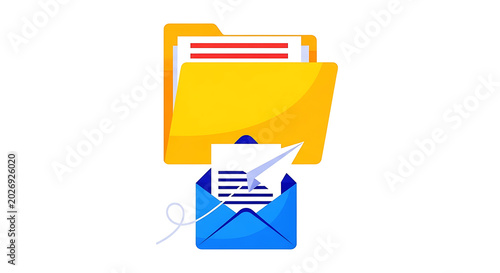 Yellow envelope with blue document and paperclip on white background