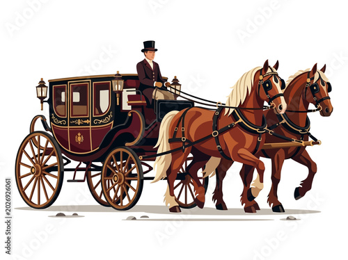Foto Vintage Horse-Drawn Carriage with Coachman and Two Brown Horses Isolated on White Background