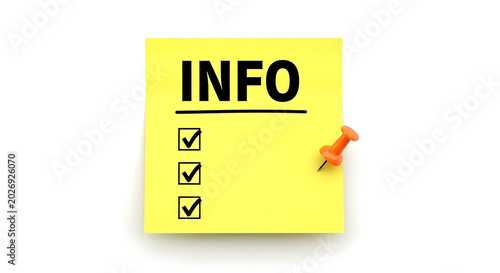 Yellow sticky note with checkmarks and 'info' text, pen writing, flat lay