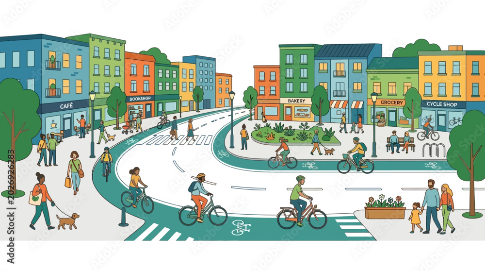 Obraz premium Colorful urban street scene with cyclists and pedestrians
