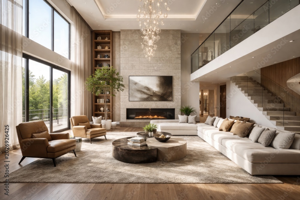 Fototapeta premium Spacious duplex living room scene showcasing elevated ceilings and designer furniture