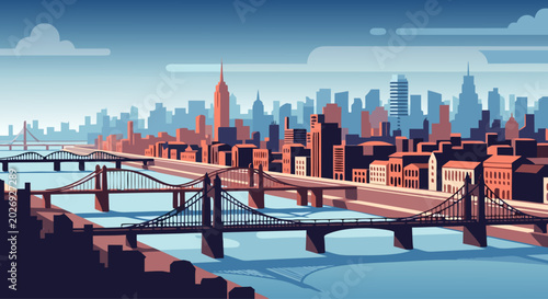 Riverfront cityscape with bridges spanning across water