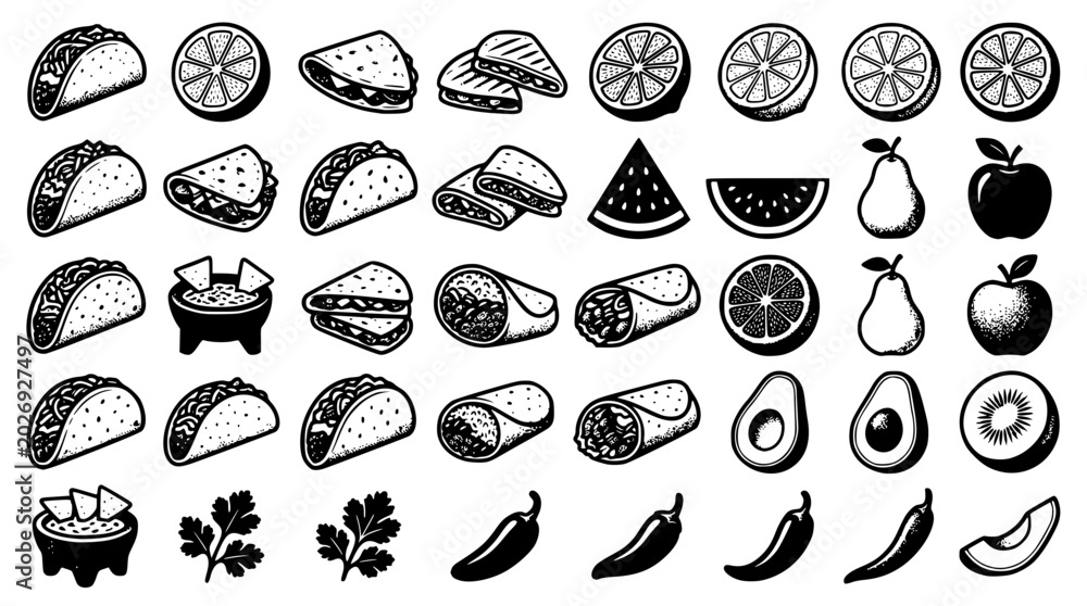Obraz premium Set of mexican food and fruit icons in black and white