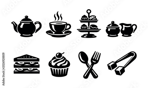Cuadro en lienzo Collection of black icons representing tea time and afternoon snacks