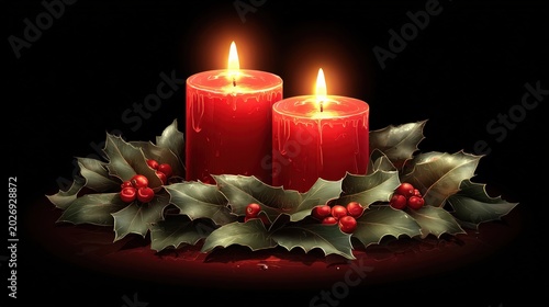 Two red candles glow brightly within a wreath of holly leaves and berries against a dark background.