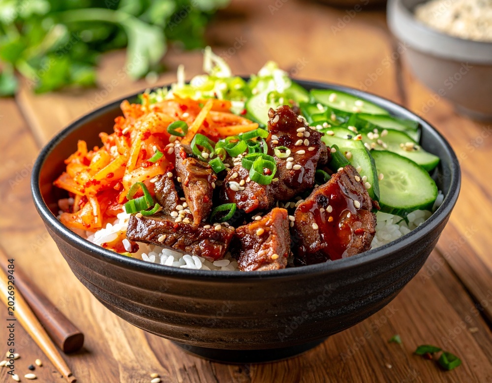 Fototapeta premium Korean BBQ Bowl mit Kimchi und Hot Honey